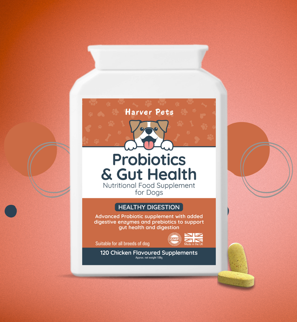 Dog probiotics and gut health supplement packaging with a small yellow supplement on an orange background