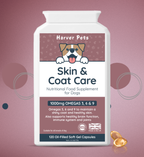 Harver Pets Skin & Coat Care supplement for dogs on a pink background