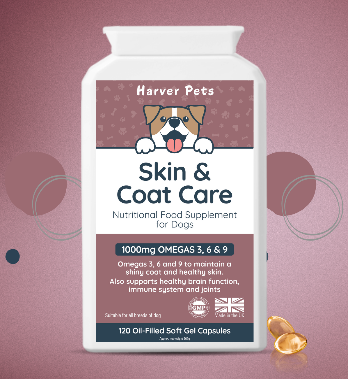 Harver Pets Skin & Coat Care supplement for dogs on a pink background