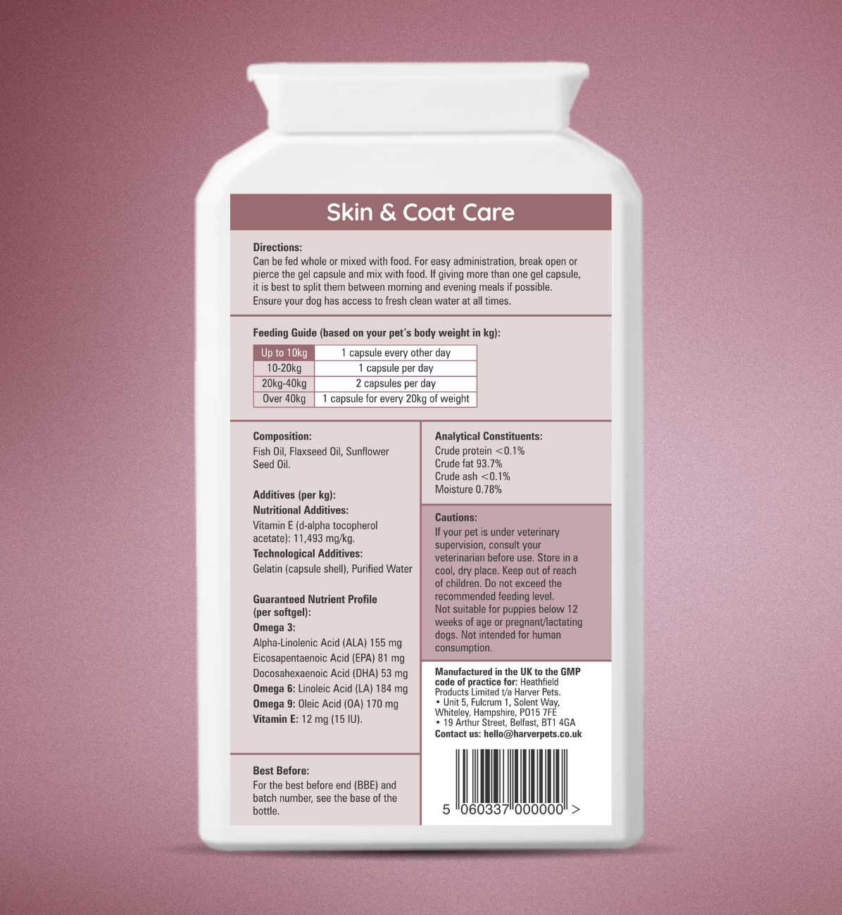 Supplement bottle labeled 'Skin & Coat Care' with detailed directions and ingredients on a pink background