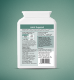 Back of joint support supplements bottle with details label on a green background