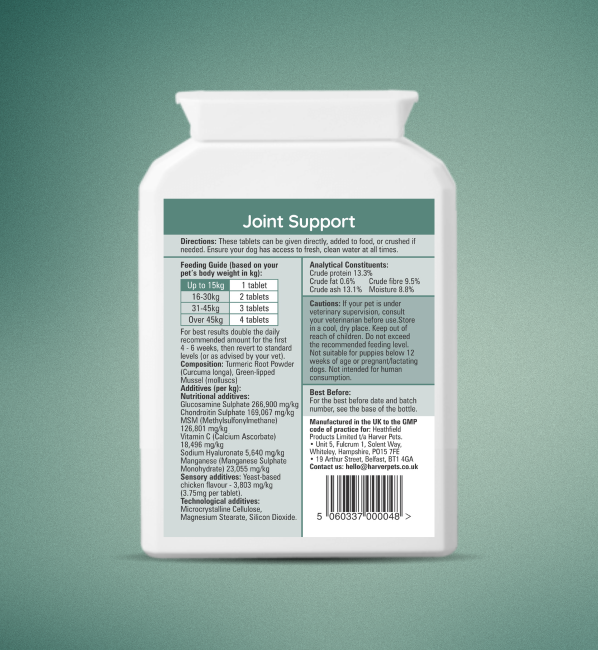 Back of joint support supplements bottle with details label on a green background