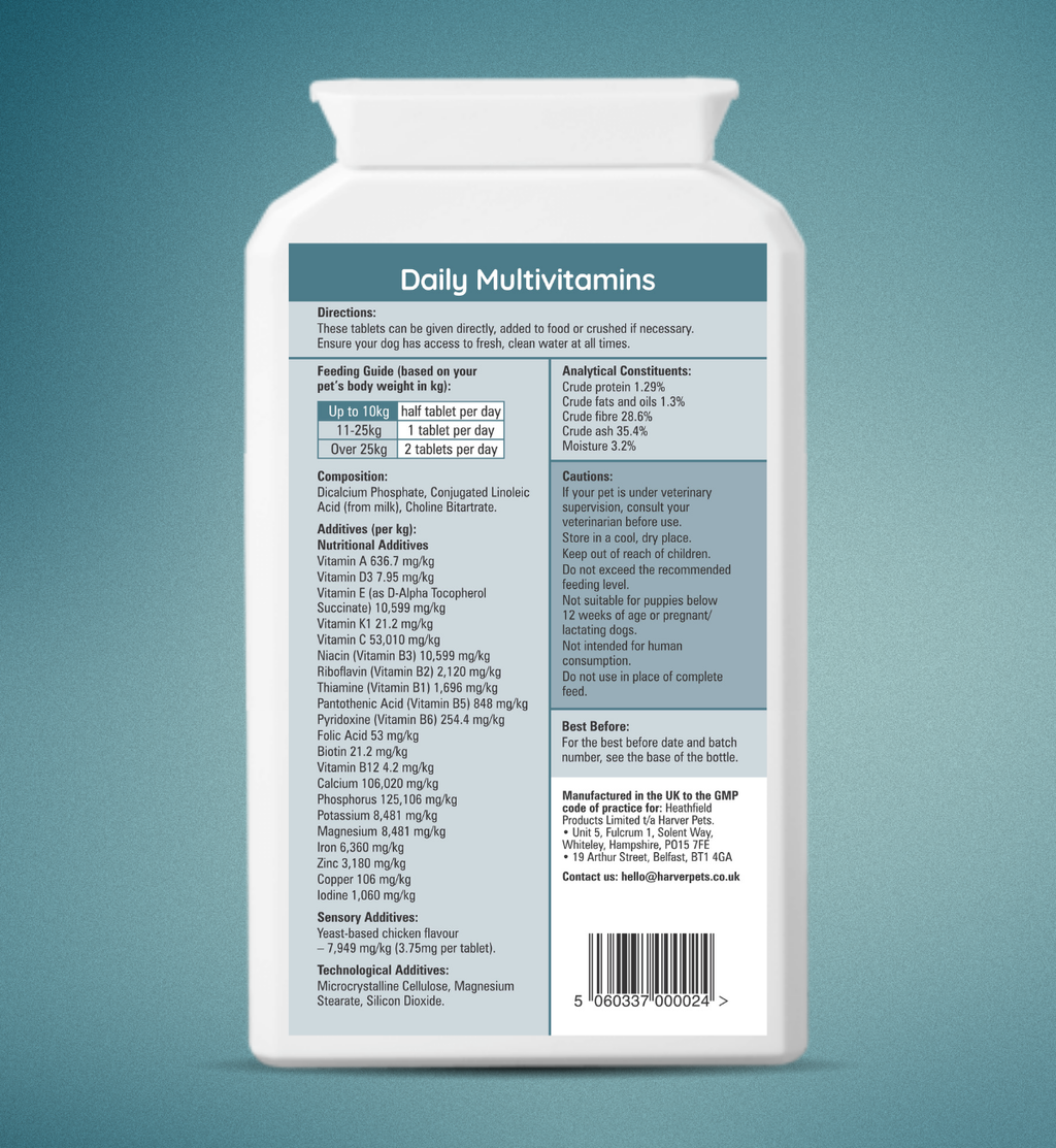 Back view of a Daily Multivitamins container with text and labels on a teal background