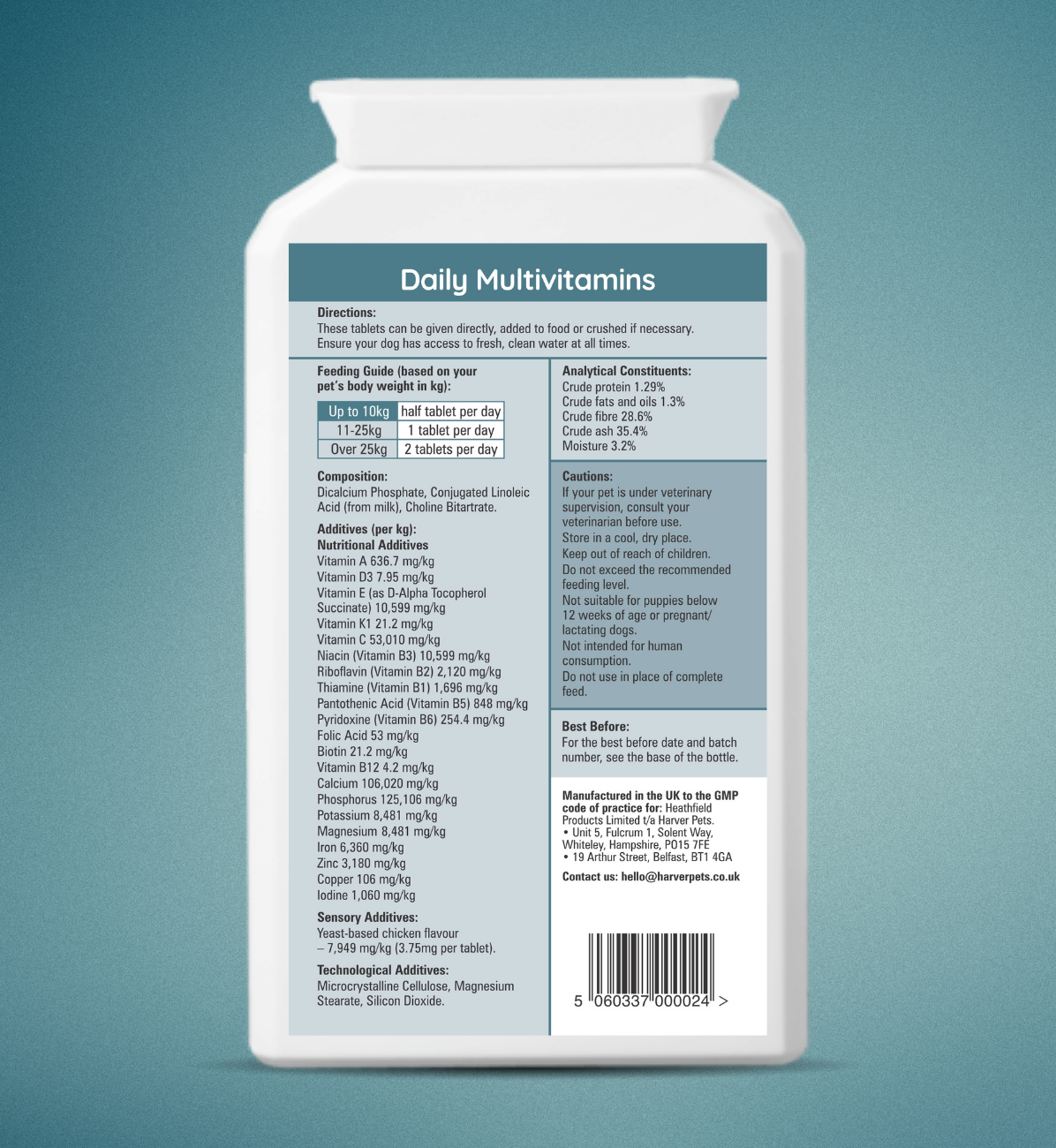 Back view of a Daily Multivitamins container with text and labels on a teal background