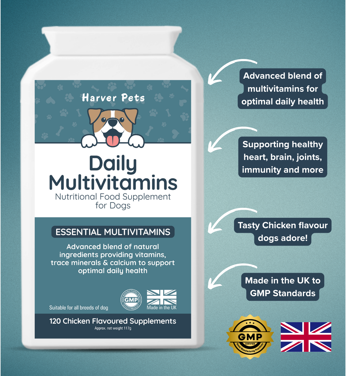 Harver Pets Daily Multivitamins for dogs  showing product benefits on a blue background