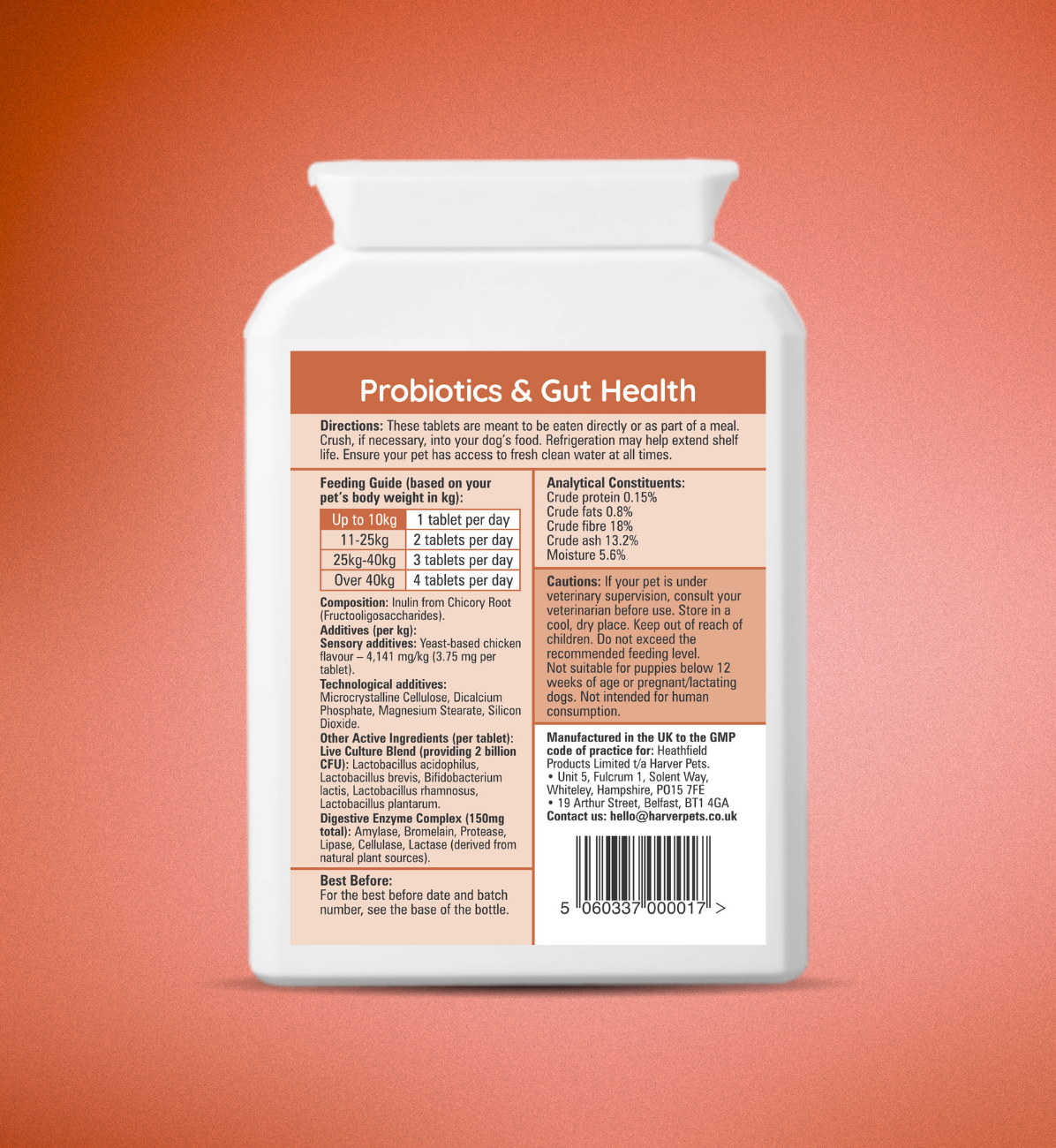 Bottle label for probiotics and gut health on a gradient orange background