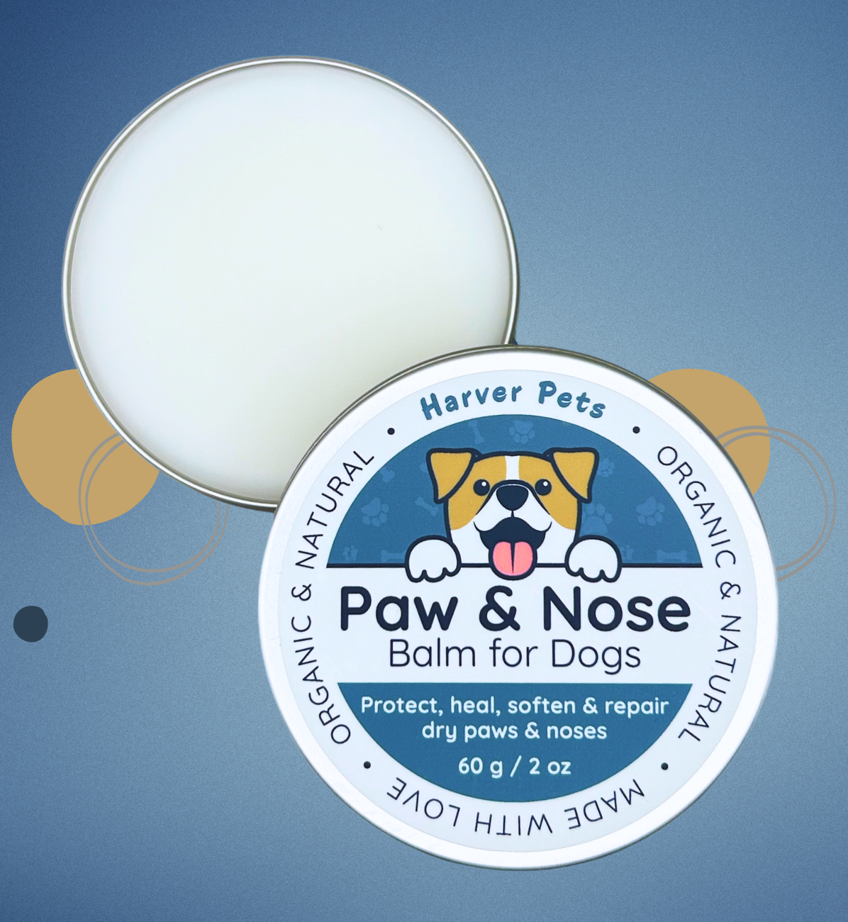 Paw and Nose Balm for Dogs with Harver Pets branding on a blue background