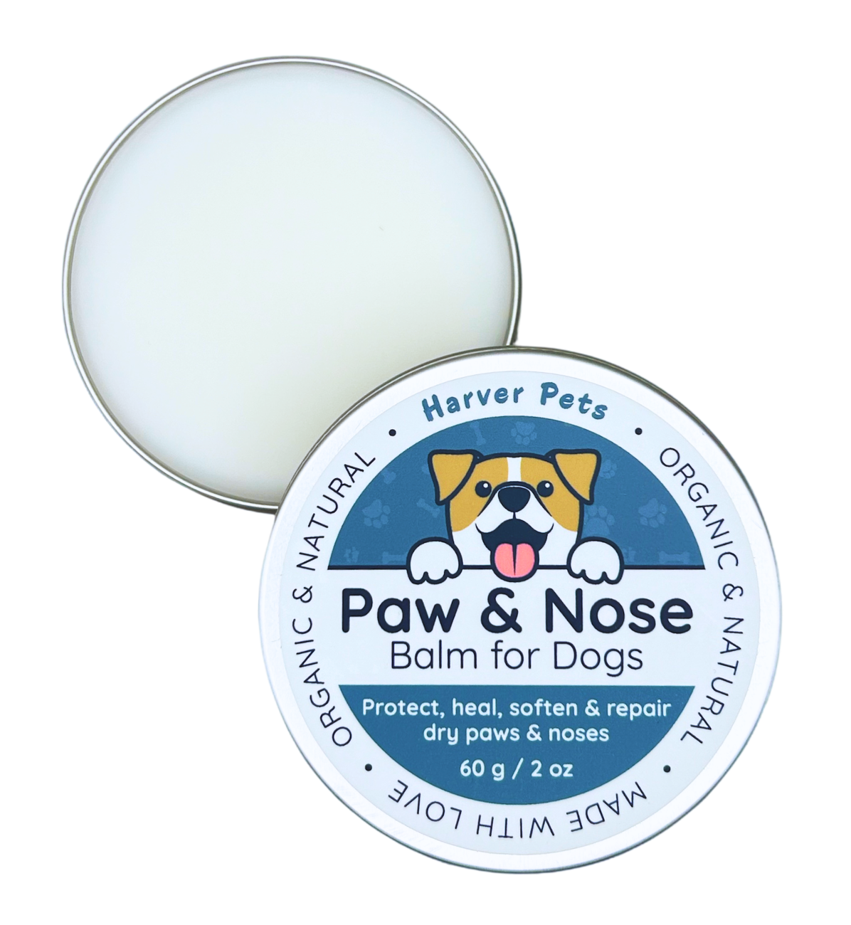 Paw and Nose Balm for Dogs by Harver Pets with a white container and blue label.