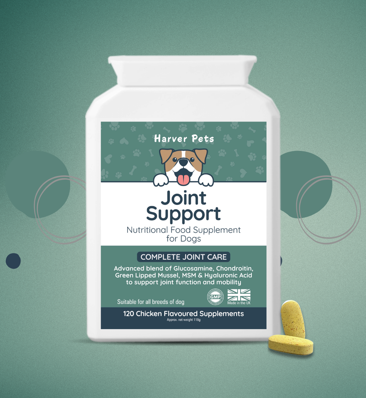 Harver Pets Joint Support supplement for dogs on a green background