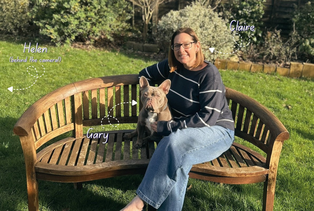 Woman sitting on a wooden bench with a dog, with text labels for 'Helen', 'Claire', and 'Gary' around them.