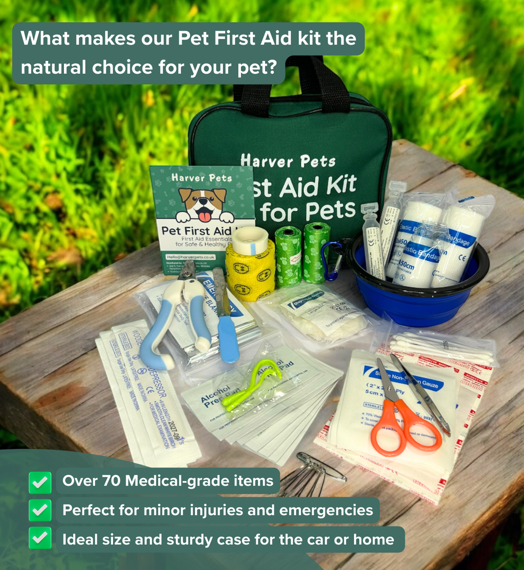 Harver Pets Pet First Aid Kit with contents shown on a wooden table with grass background