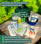Harver Pets Pet First Aid Kit with contents shown on a wooden table with grass background