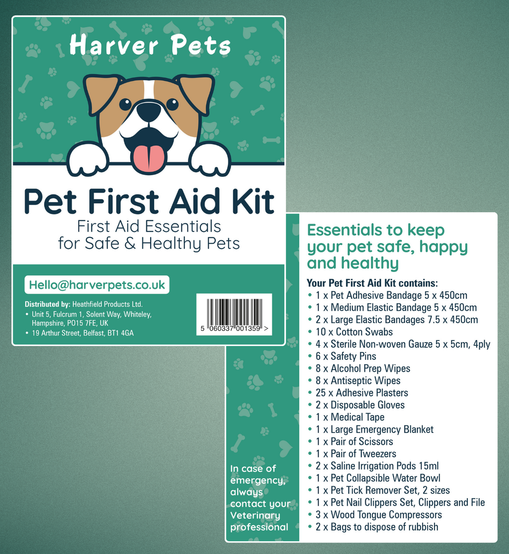 Harver Pets Pet First Aid Kit packaging with a dog illustration and list of contents on a green background