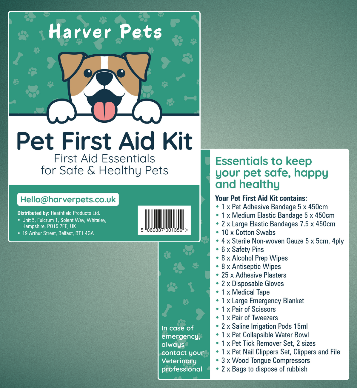 Harver Pets Pet First Aid Kit packaging with a dog illustration and list of contents on a green background