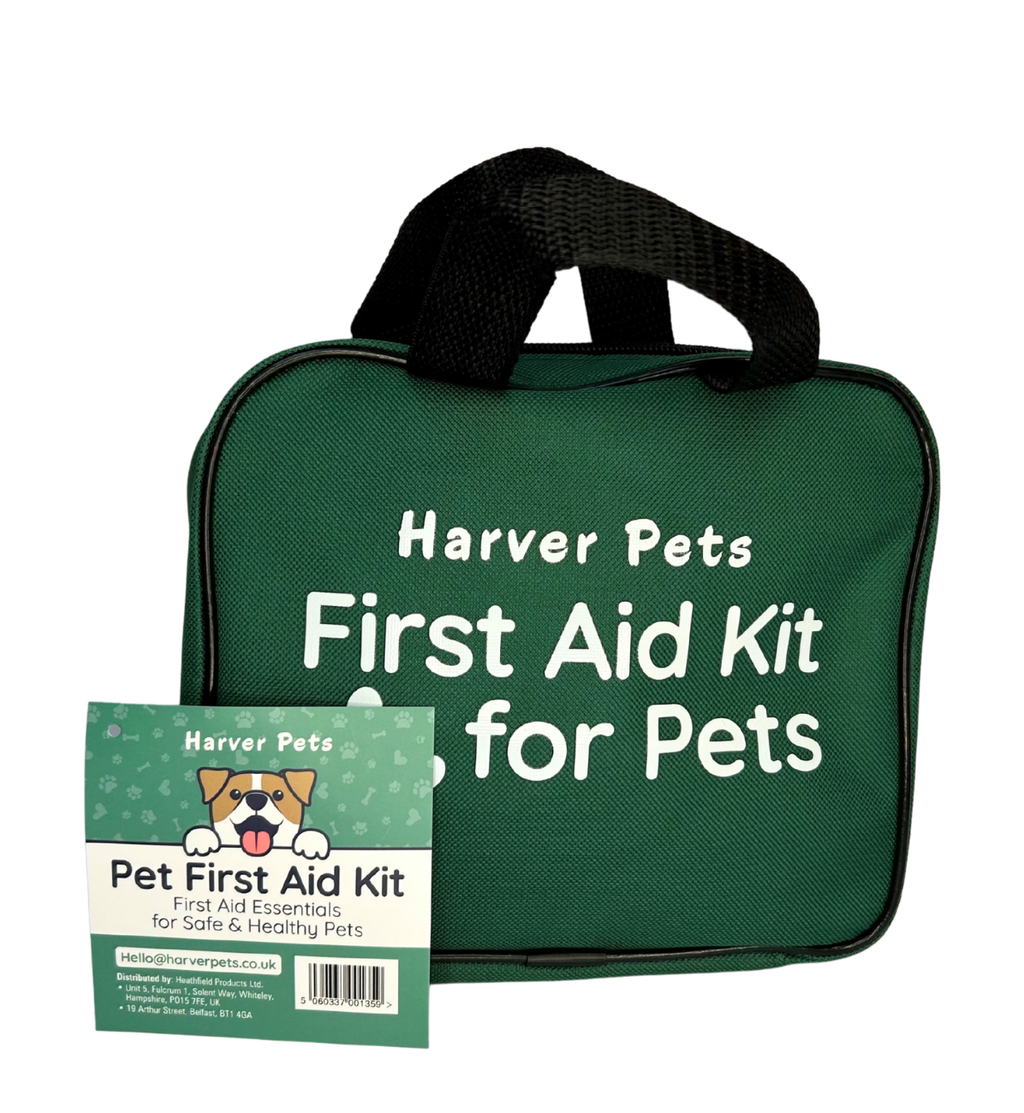 Green pet first aid kit with Harver Pets branding on a white background