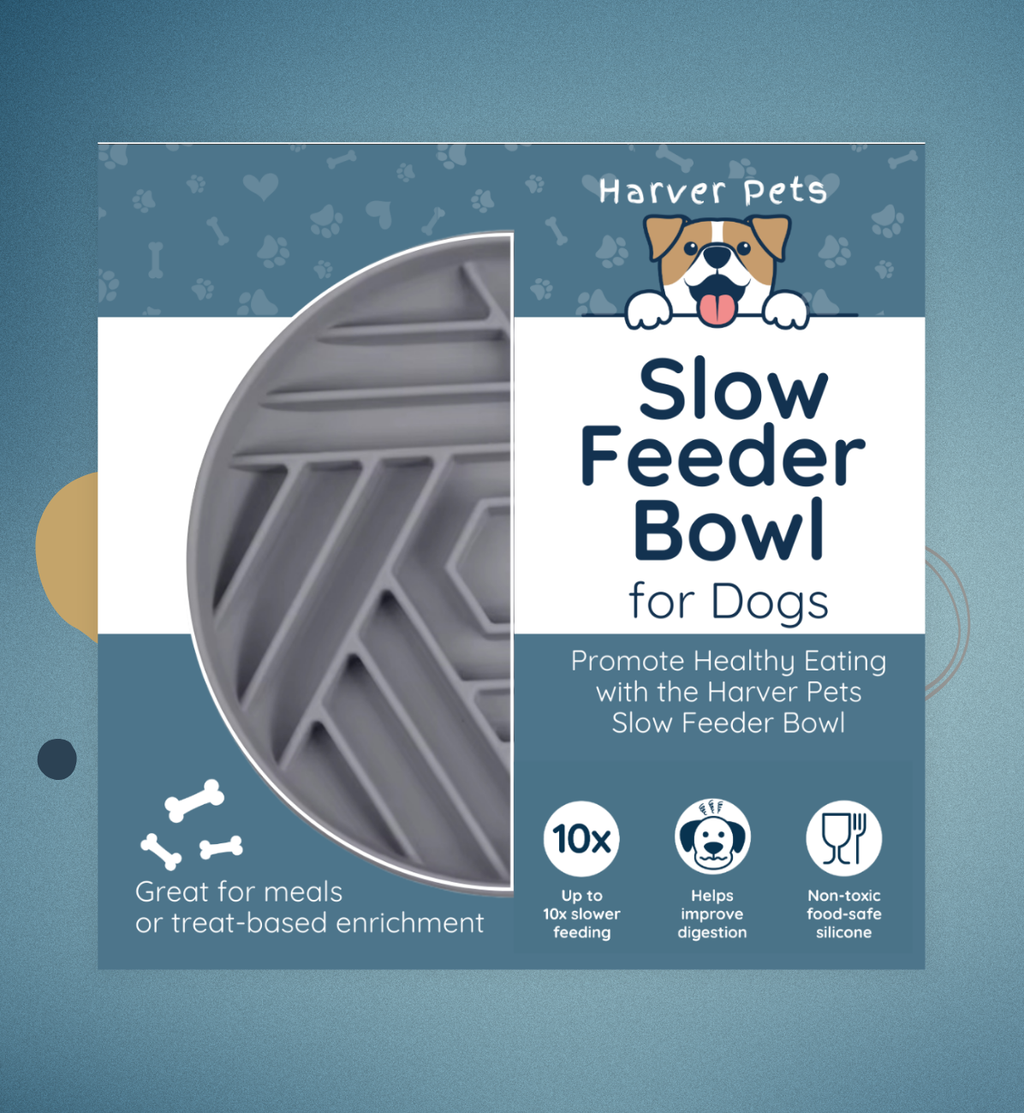 Harver Pets slow feeder bowl packaging with product image and features on a blue background
