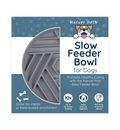Harver Pets slow feeder bowl packaging with text and icons on a blue background