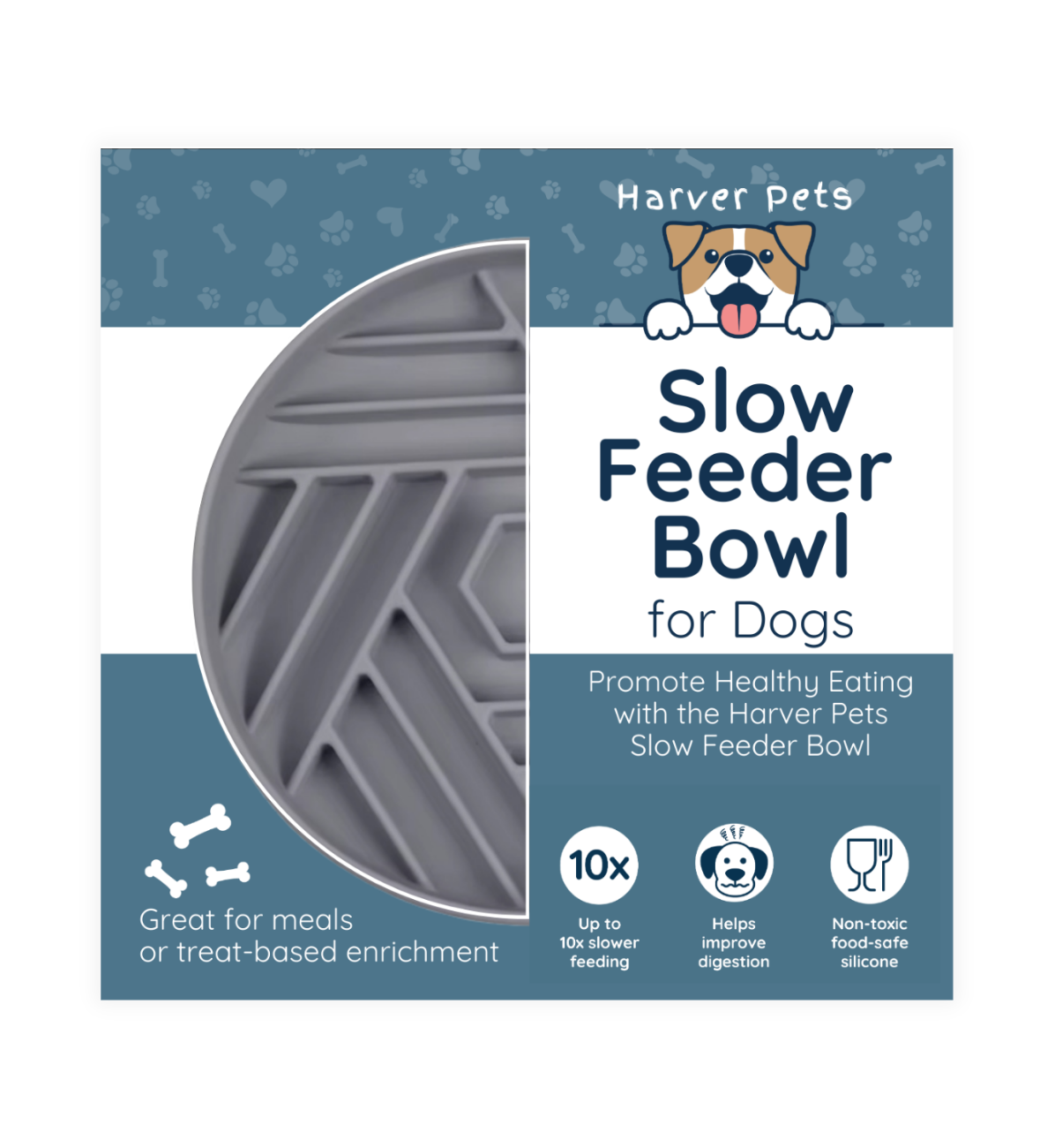 Harver Pets slow feeder bowl packaging with text and icons on a blue background