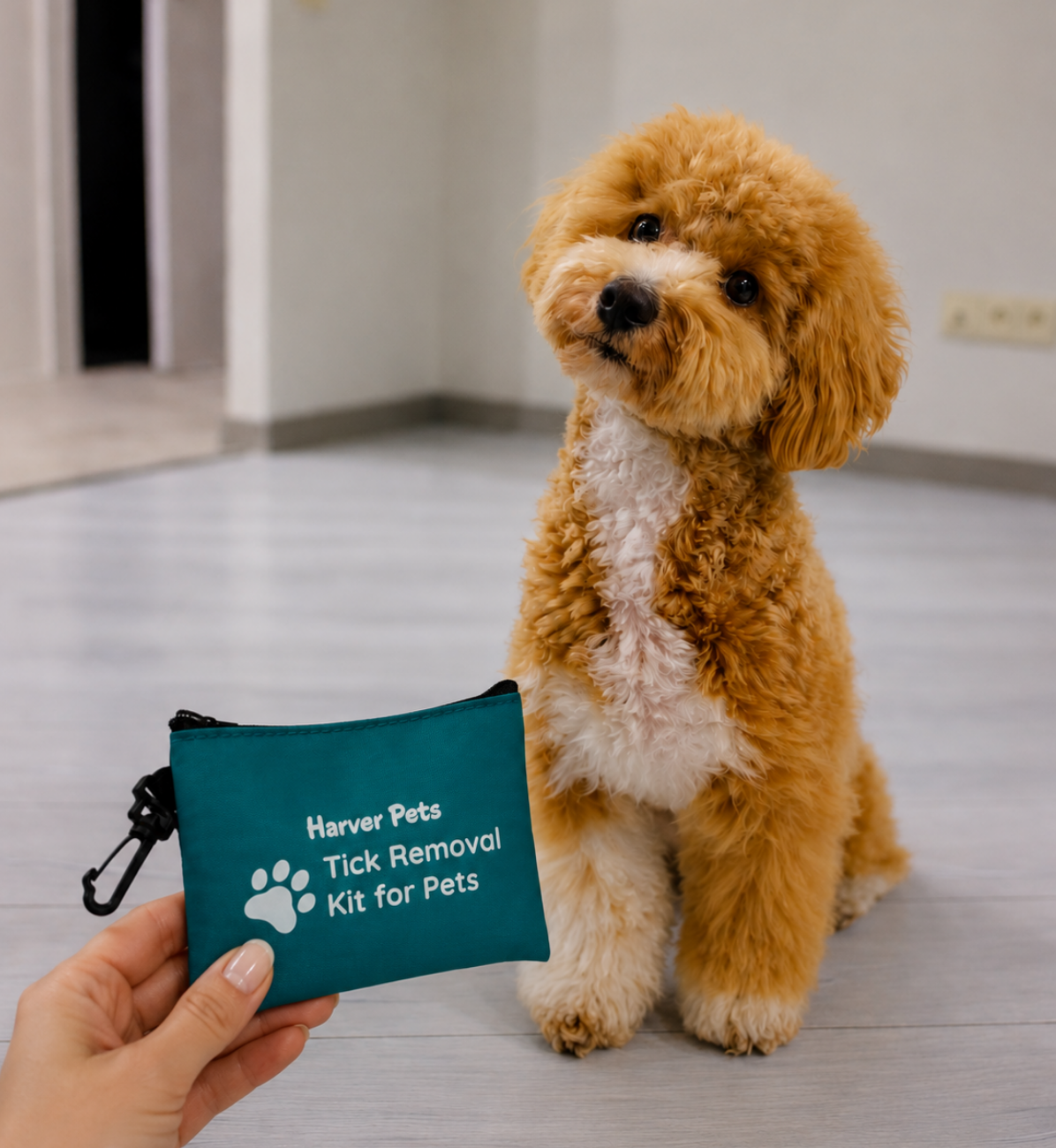 A small tan and white poodle sits on a light gray floor indoors while a hand holds a teal zip pouch labeled 'Harver Pets Tick Removal Kit for Pets' in the foreground.