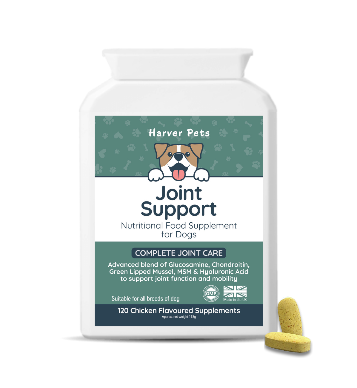 Harver Pets Joint Support for dogs with a supplement pill on a white background