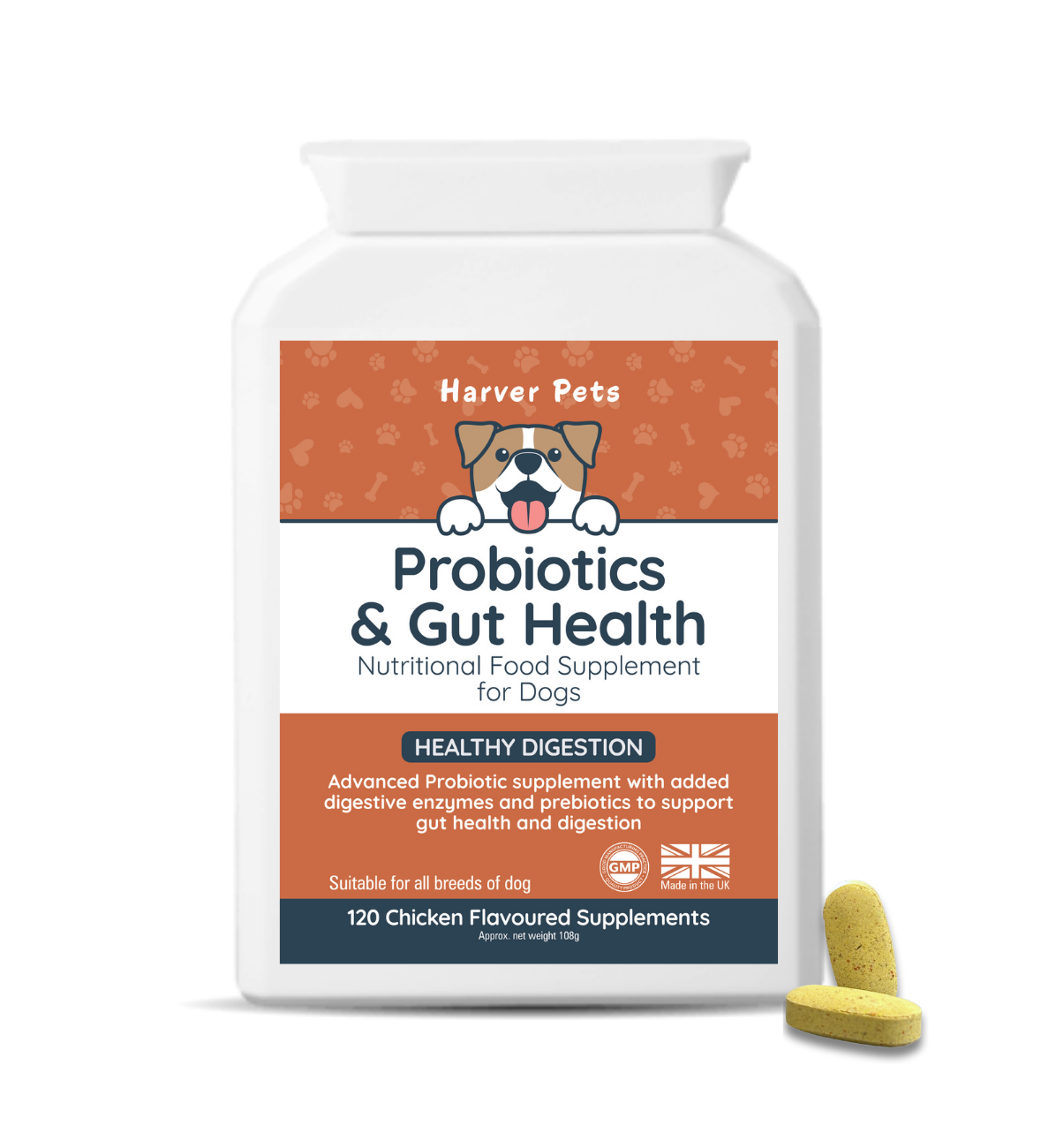 Harver Pets probiotics and gut health supplement for dogs with a pill on a white background