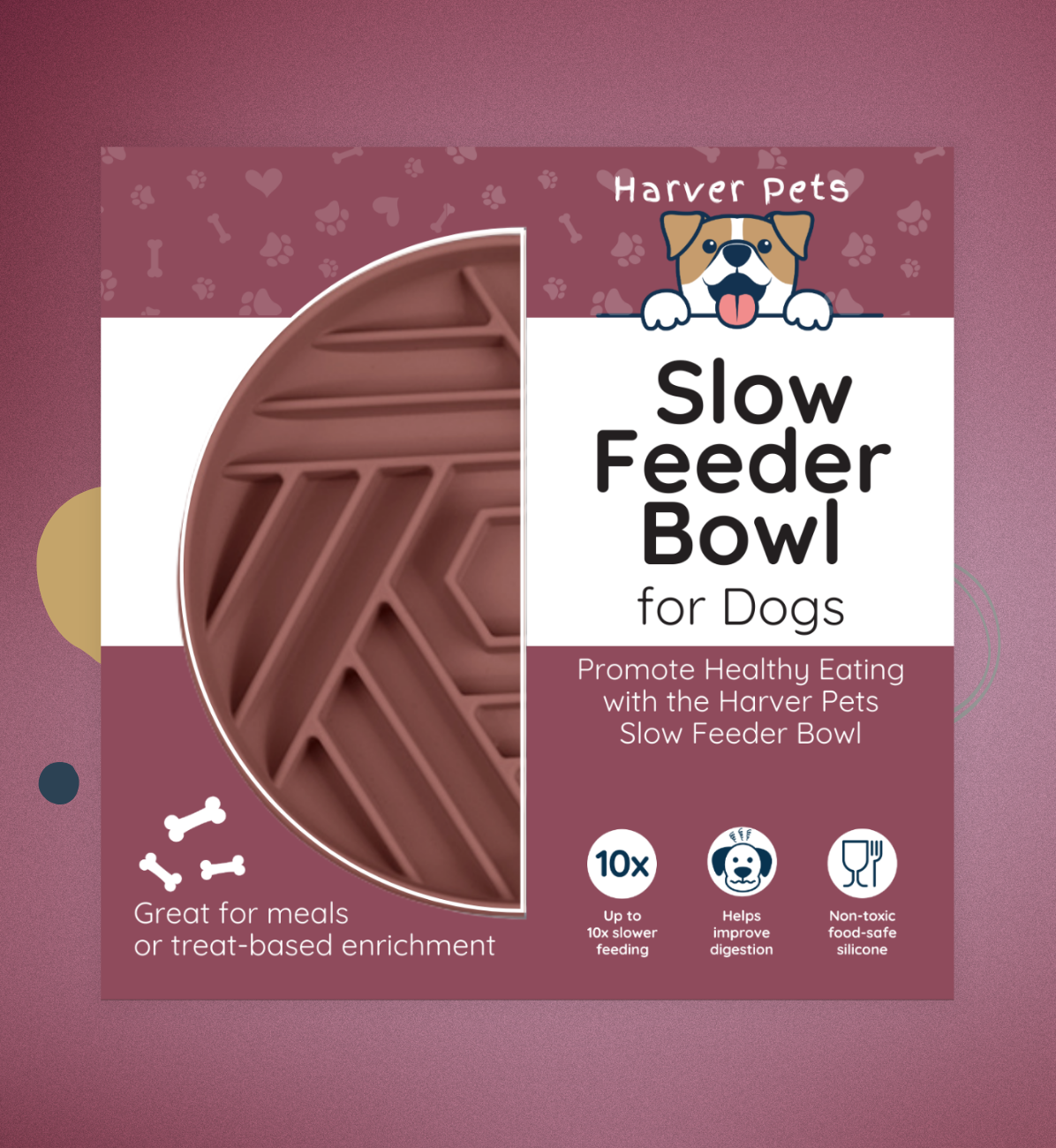 Harver Pets slow feeder bowl packaging on a purple background