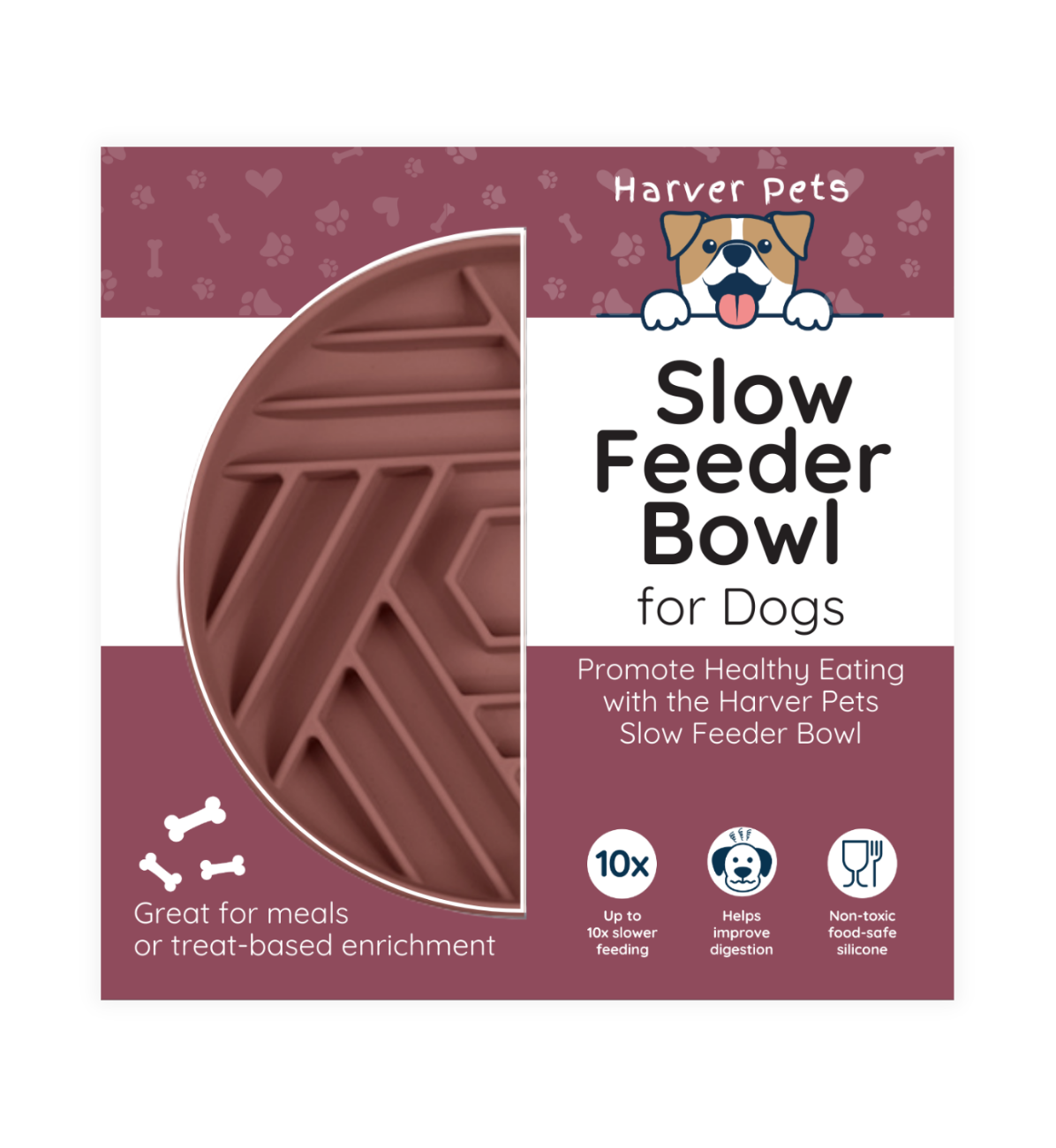 Harver Pets slow feeder bowl packaging with product and branding details.