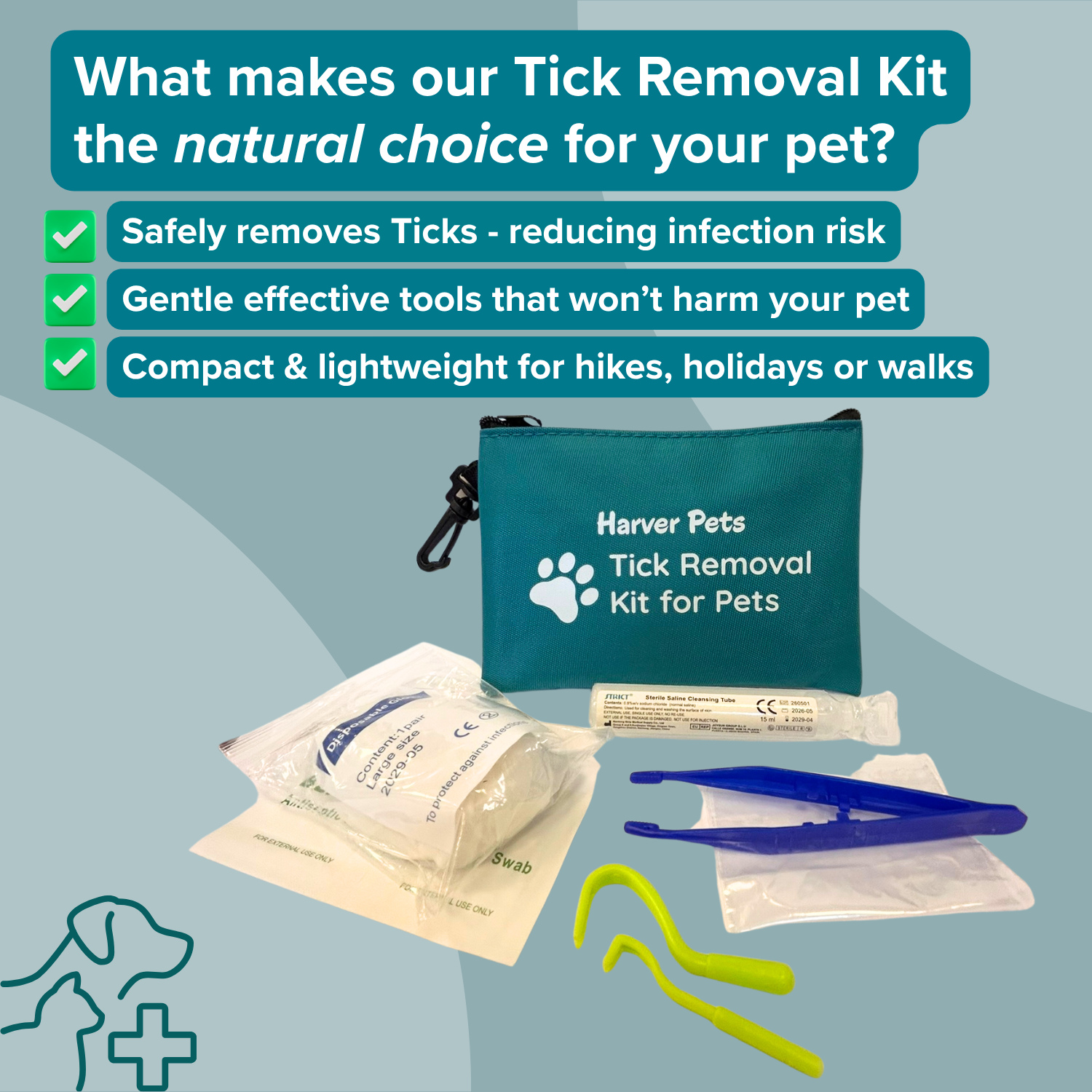 Harver Pets Tick Removal Kit for Pets displayed on a light blue graphic background with promotional text. The kit includes a teal zipped pouch with white branding, a white liquid treatment tube, blue tweezers, green tick removal tools, and other small medical accessories.