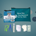 Harver Pets Tick Removal Kit for pets, featuring a teal zippered pouch, a branded  tag, green tick removers, blue tweezers, a small vial, clear plastic bags, white gloves, and antiseptic wipes on a blue background.