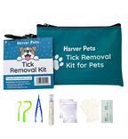 Harver Pets Tick Removal Kit for pets, featuring a teal zippered pouch, a branded  tag, green tick removers, blue tweezers, a small vial, clear plastic bags, white gloves, and antiseptic wipes on a white background.