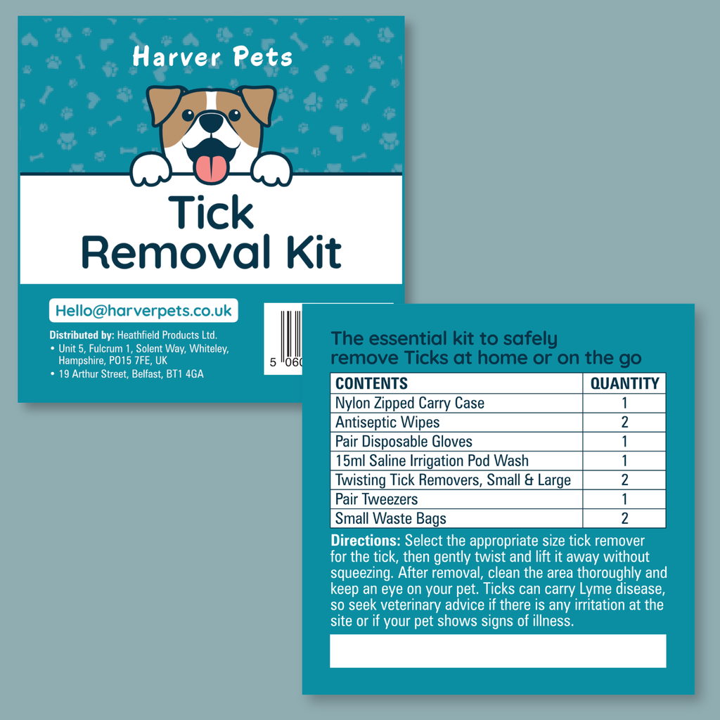 Front and back views of a Harver Pets Tick Removal Kit package on a muted blue-gray background. The front shows a teal header with a cartoon dog peeking over the border, the product name 'Tick Removal Kit'
