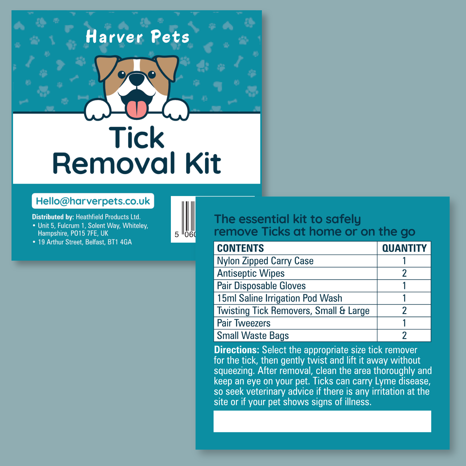 Front and back views of a Harver Pets Tick Removal Kit package on a muted blue-gray background. The front shows a teal header with a cartoon dog peeking over the border, the product name 'Tick Removal Kit'