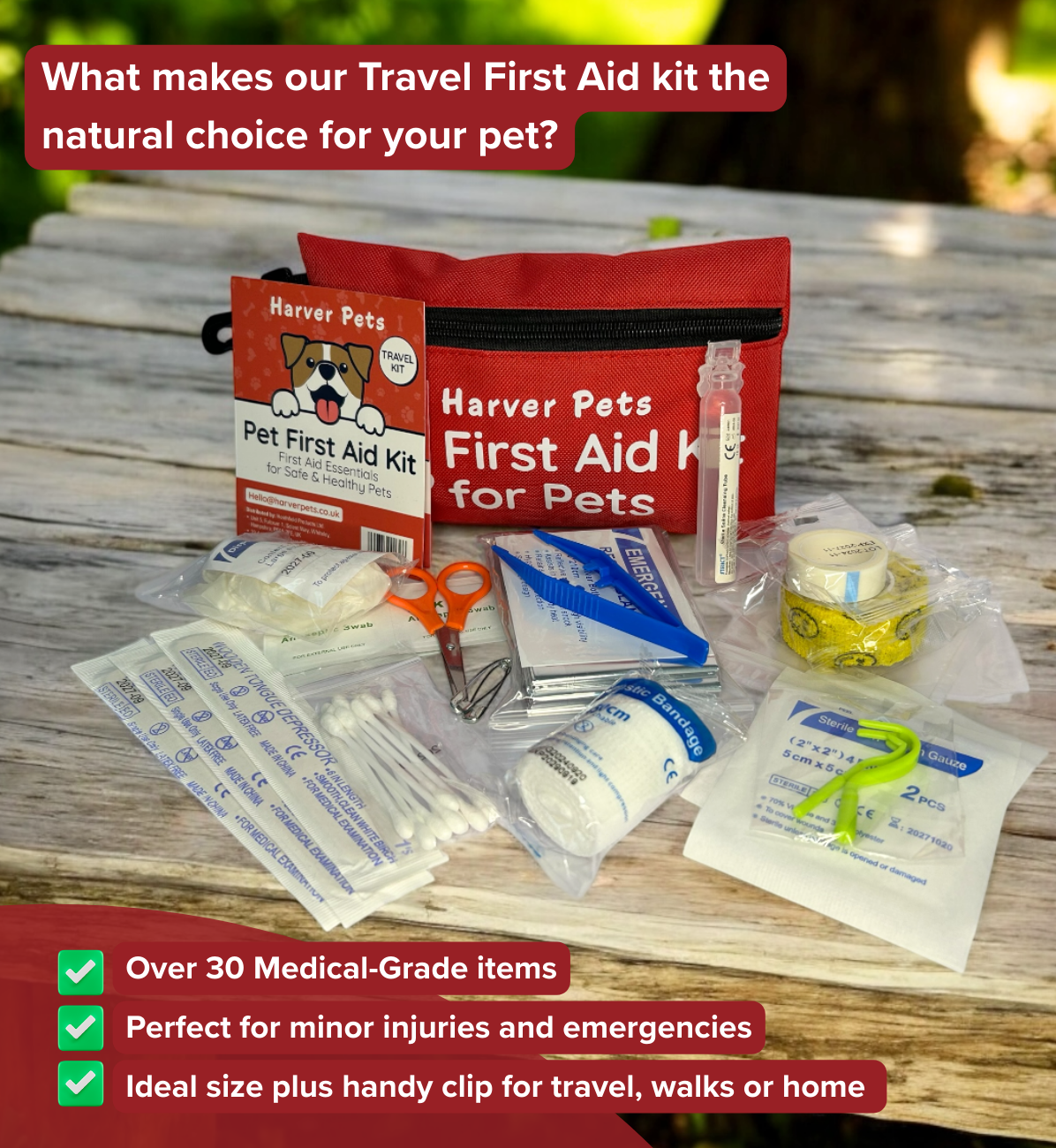 Harver Pets travel first aid kit with contents shown on a wooden surface.