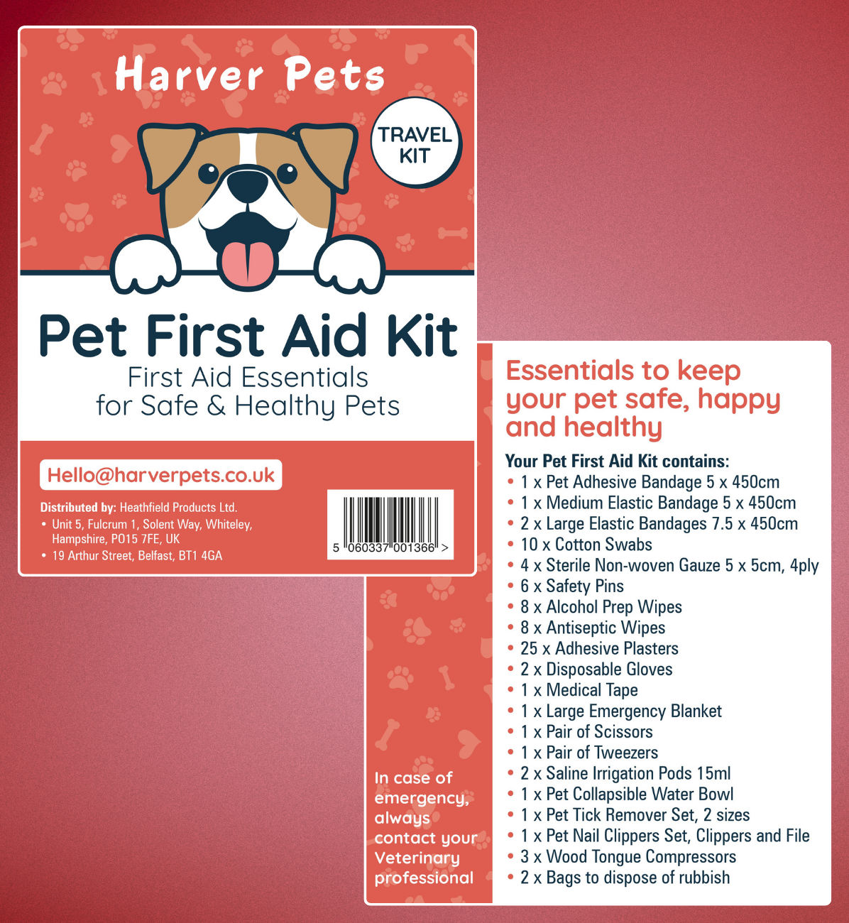 Harver Pets Pet Travel First Aid Kit packaging and list of contents on a red background