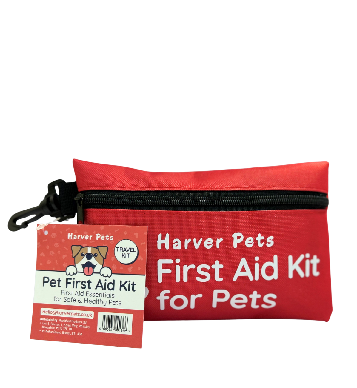 Red first aid kit for pets with Harver Pets branding on a white background