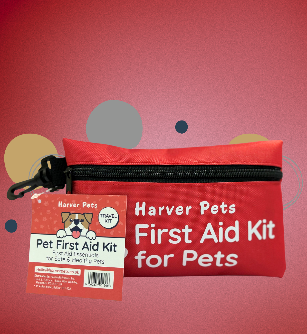 Red pet first aid kit with Harver Pets branding on a red background